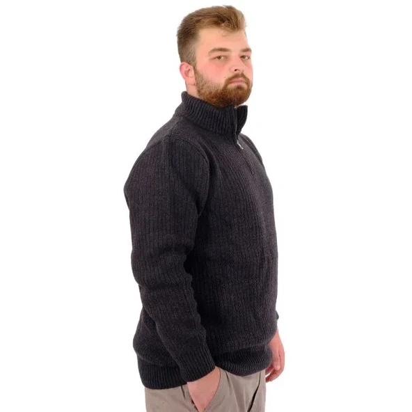 Büyük Beden Erkek Triko Kazak Yarım Fermuarlı Dik Yaka 24209 Antrasit - 2