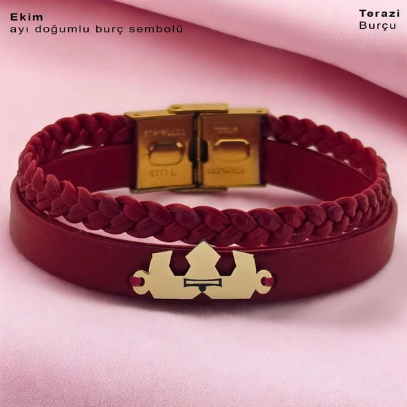 Doğum Ayına Özel 14 Ayar Altın Plakalı Taç Figürlü Koyu Kırmızı Derili Hediye Bileklik-470 ürün görseli