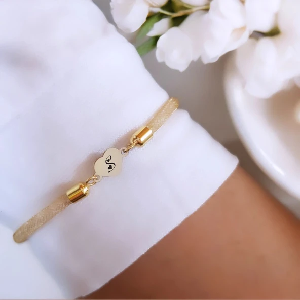 Harfe Özel 14 Ayar Altın Plakalı Kalp Figürlü Hasır Kordonlu Hediye Bileklik-474 - Resim 2