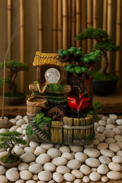 Huzur Veren Su Sesi Köy Evi Değirmen Süs Fıskiye LED Işıklı Masaüstü Dekoratif Ev Ofis Aksesuarı E - 2