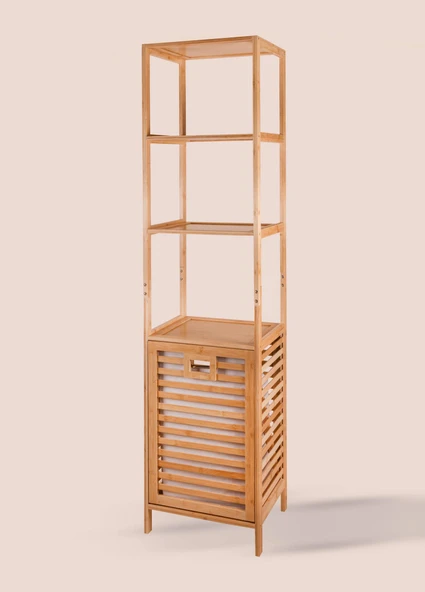 The Mia Bambu 4 Raflı Banyo Düzenleyici Dolap ve Çamaşır Sepeti 160x40x33 Cm - Resim 5