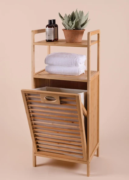 The Mia Bambu 2 Raflı Banyo Düzenleyici Dolap ve Çamaşır Sepeti 95x40x30 Cm - Resim 2