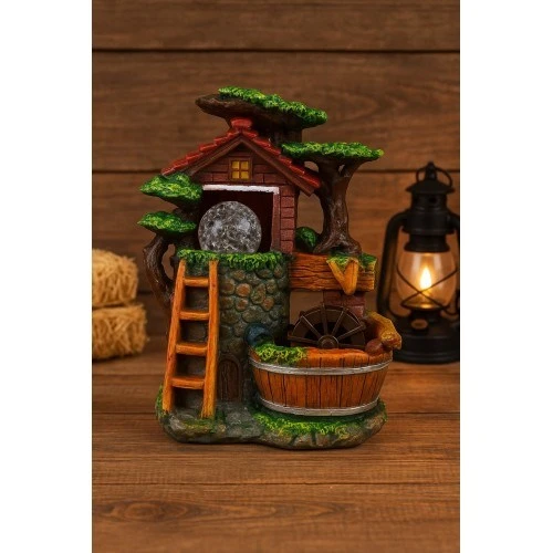 Köy Evi Değirmeni Huzur Veren Su Sesi Şelale Fıskiye LED Işıklı Masaüstü Dekoratif Ev Ofis Biblo K ürün görseli 1