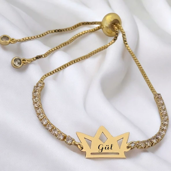 İsme Özel Taç Motifli Beyaz Taş Desenli Zincirli 14 Ayar Altın Plakalı Hediye Bileklik-471 ürün görseli