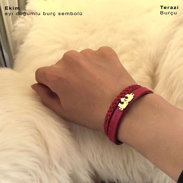 Burca Özel Taç Figürlü Koyu Kırmızı Derili 14 Ayar Altın Plakalı Hediye Bileklik-470 - Resim 2