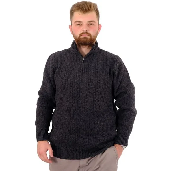 Büyük Beden Erkek Triko Kazak Yarım Fermuarlı Dik Yaka 24209 Antrasit