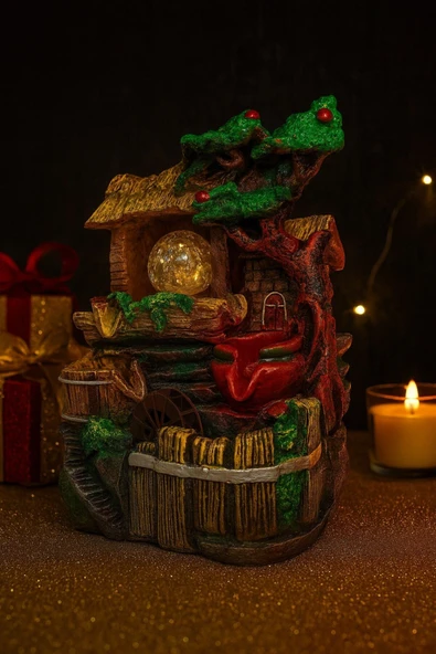 Huzur Veren Su Sesi Köy Evi Değirmen Süs Fıskiye LED Işıklı Masaüstü Dekoratif Ev Ofis Aksesuarı E - 3