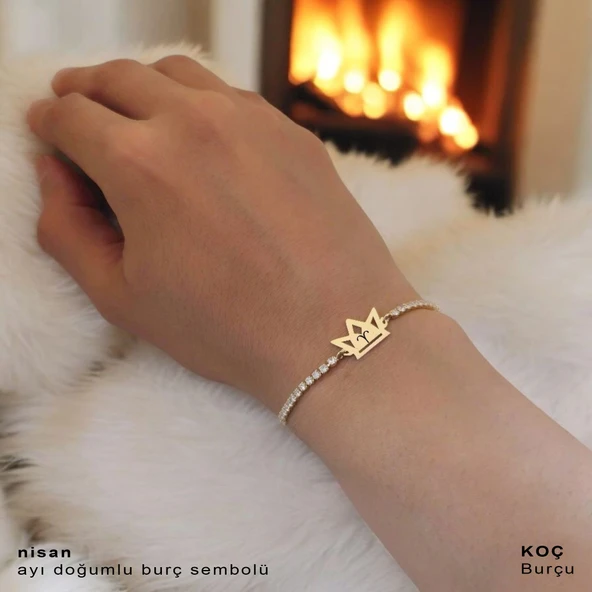 Doğum Ayına Özel Zincirli 14 Ayar Altın Plakalı Taç Motifli Beyaz Taş Desenli Hediye Bileklik-471 - Resim 4