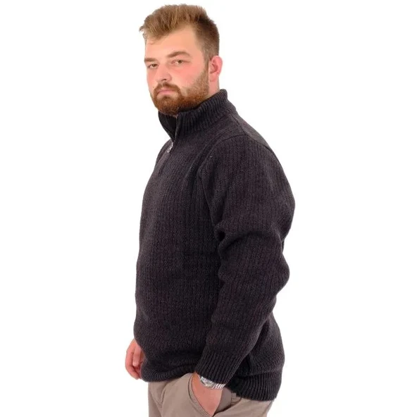 Büyük Beden Erkek Triko Kazak Yarım Fermuarlı Dik Yaka 24209 Antrasit - 4