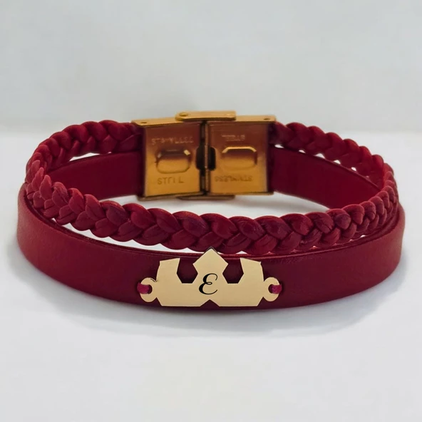 Harfe Özel 14 Ayar Altın Plakalı Taç Figürlü Koyu Kırmızı Derili Hediye Bileklik-470 ürün görseli