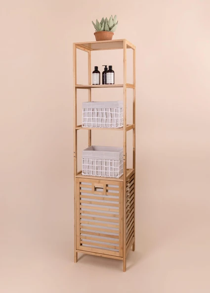 The Mia Bambu 4 Raflı Banyo Düzenleyici Dolap ve Çamaşır Sepeti 160x40x33 Cm - Resim 2