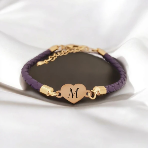 Harfe Özel 14 Ayar Altın Plakalı Kalp Figürlü Doğal Mor Derili Hediye Bileklik-472 ürün görseli