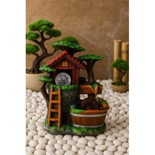 Köy Evi Değirmeni Huzur Veren Su Sesi Şelale Fıskiye LED Işıklı Masaüstü Dekoratif Ev Ofis Biblo K - Resim 3