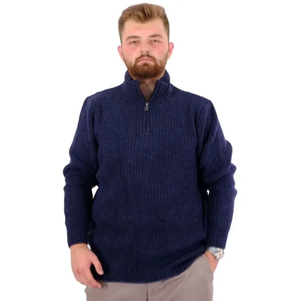 Büyük Beden Erkek Triko Kazak Yarım Fermuarlı Dik Yaka 24209 Lacivert