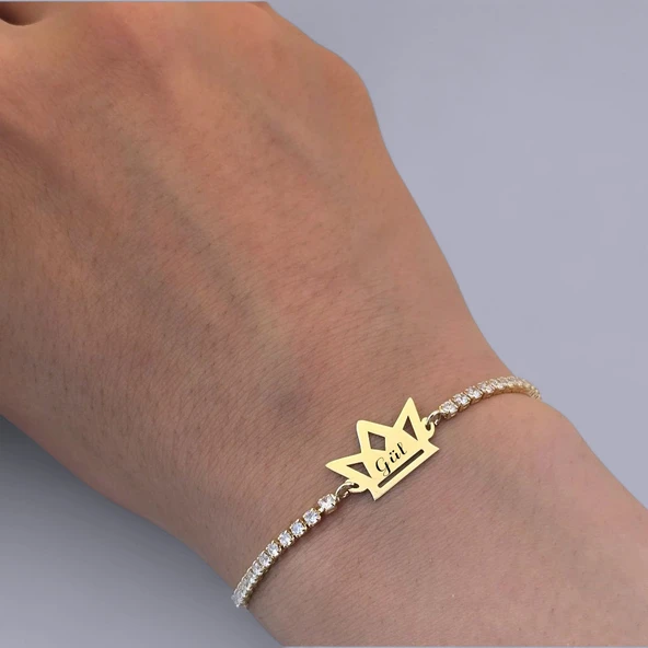 İsme Özel Taç Motifli Beyaz Taş Desenli Zincirli 14 Ayar Altın Plakalı Hediye Bileklik-471 - Resim 3