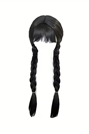 Wednesday Addams Karakter Peruk – 61 cm Uzunluk, Isıya Dayanıklı Sentetik Örgülü Saç, Doğal Siyah, Halloween & Parti Kostüm Peruğu - 3