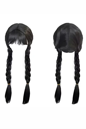 Wednesday Addams Karakter Peruk – 61 cm Uzunluk, Isıya Dayanıklı Sentetik Örgülü Saç, Doğal Siyah, Halloween & Parti Kostüm Peruğu - 1