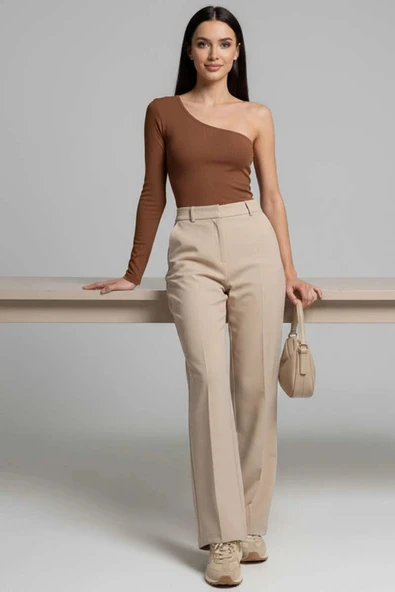 BİÇOMİ Tek Omuzlu Basic Bluz kahve T4275 - Resim 2