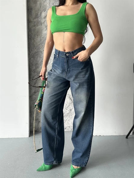 BİÇOMİ Baggy süper taş bıyık yıkama kahve tint jeans pantolon d2007 ürün görseli