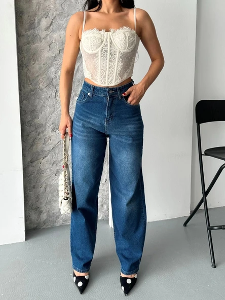 BİÇOMİ Baggy süper taş bıyık yıkama koyu mavi jeans pantolon d2007 - Resim 5