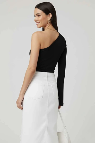 BİÇOMİ Tek Omuzlu Basic Bluz Siyah T4275 - Resim 3