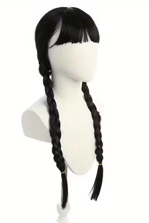 Wednesday Addams Karakter Peruk – 61 cm Uzunluk, Isıya Dayanıklı Sentetik Örgülü Saç, Doğal Siyah, Halloween & Parti Kostüm Peruğu - 6