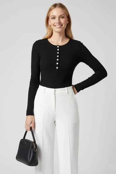 BİÇOMİ Çıtçıt Detaylı Bluz Siyah T4343 ürün görseli