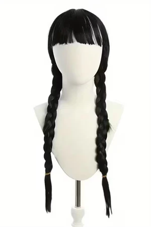Wednesday Addams Karakter Peruk – 61 cm Uzunluk, Isıya Dayanıklı Sentetik Örgülü Saç, Doğal Siyah, Halloween & Parti Kostüm Peruğu - 5