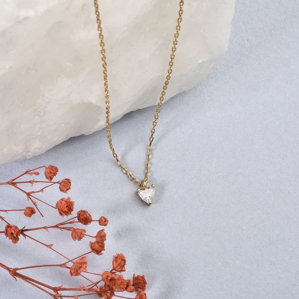 14 Ayar Mikron Altın Kaplama Zarif ve Şık Kalp Tek Taşlı Gümüş Kolye - CNS00660 ürün görseli 1