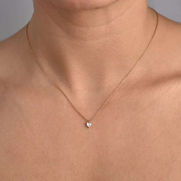 14 Ayar Mikron Altın Kaplama Zarif ve Şık Kalp Tek Taşlı Gümüş Kolye - CNS00660 - Resim 3