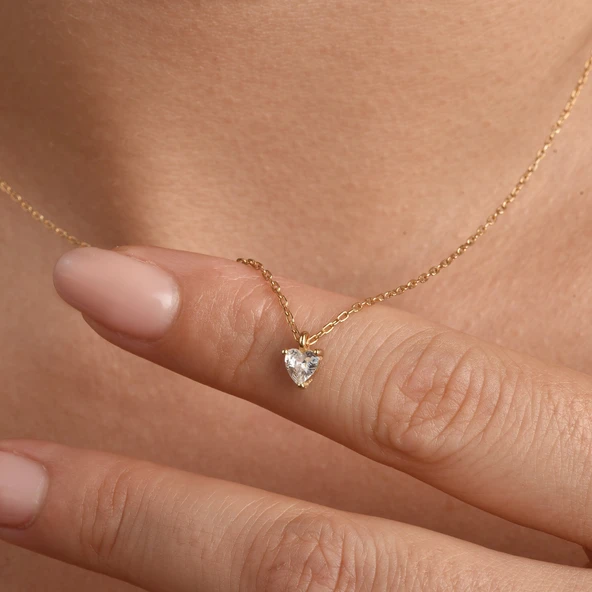 14 Ayar Mikron Altın Kaplama Zarif ve Şık Kalp Tek Taşlı Gümüş Kolye - CNS00660 - Resim 2