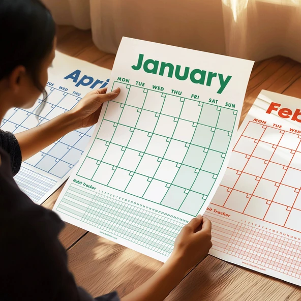 12 Aylık Planlayıcı Zamansız Takvim, Alışkanlık Takip Planlayıcı, Sürekli Takvim, Renkli Tarihsiz Takvim, 33 x 48 cm, A4 ürün görseli 1