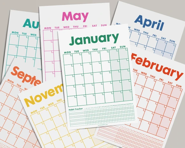 12 Aylık Planlayıcı Zamansız Takvim, Alışkanlık Takip Planlayıcı, Sürekli Takvim, Renkli Tarihsiz Takvim, 33 x 48 cm, A4 - Resim 3