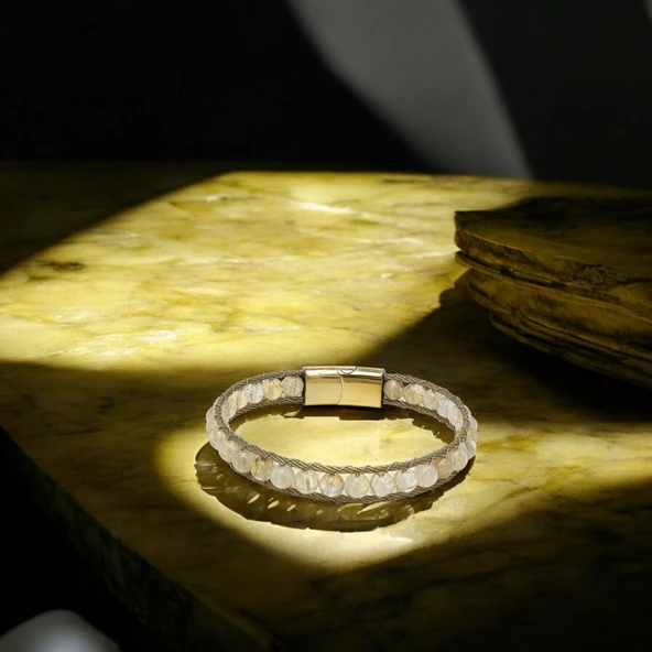 Titanyum Kilitli Sitrin Doğaltaş Ve 316L Çelik Halat Örme Erkek Bileklik 31832B2DH8 - Resim 3