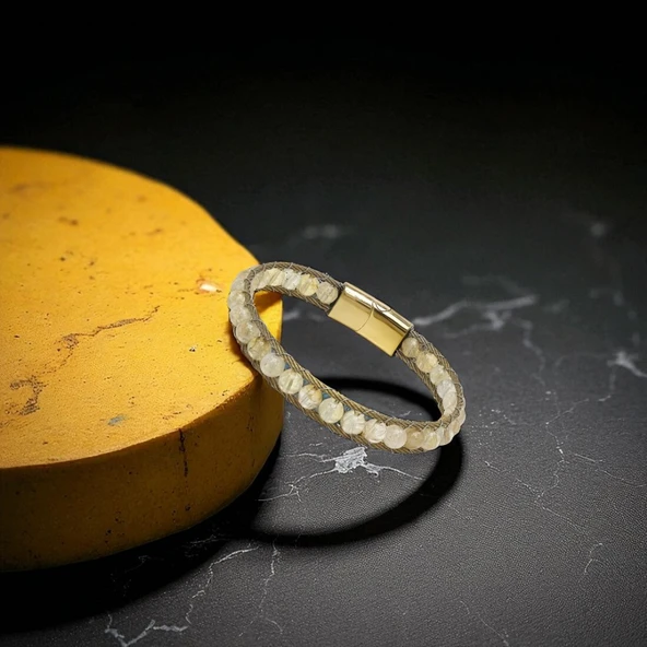 Titanyum Kilitli Sitrin Doğaltaş Ve 316L Çelik Halat Örme Erkek Bileklik 31832B2DH8 - Resim 2