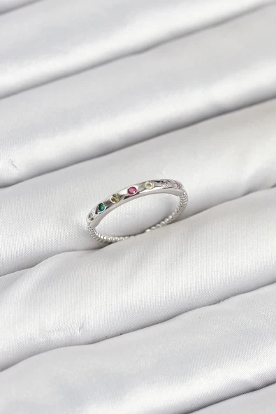 Pirinç Gümüş Renk Renkli Zirkon Taşlı Kadın Yüzük ürün görseli