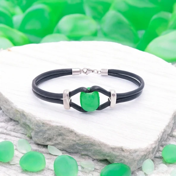 Yeşil Akik Doğal Taşlı Deri Ve Çelik Bileklik 31832B14D3 - Resim 2