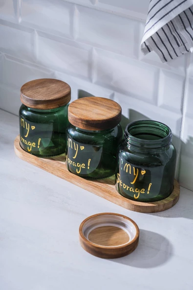 Acar 7937 Pierre 3 Lü Akasya Ahşap Kapak ve Tepsili Kavanoz Seti 12 Cm - Dark Green - 3