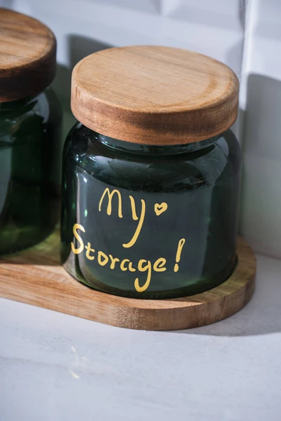Acar 7937 Pierre 3 Lü Akasya Ahşap Kapak ve Tepsili Kavanoz Seti 12 Cm - Dark Green - 2