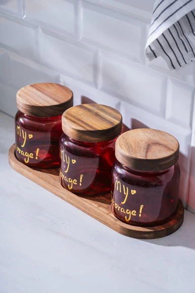 Acar 7937 Pierre 3 Lü Akasya Ahşap Kapak ve Tepsili Kavanoz Seti 12 Cm - Red - 1