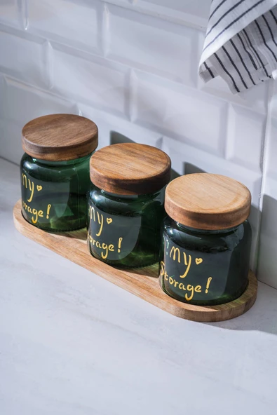 Acar 7937 Pierre 3 Lü Akasya Ahşap Kapak ve Tepsili Kavanoz Seti 12 Cm - Dark Green - 1