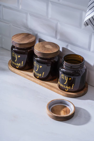 Acar 7937 Pierre 3 Lü Akasya Ahşap Kapak ve Tepsili Kavanoz Seti 12 Cm - Amber - 3