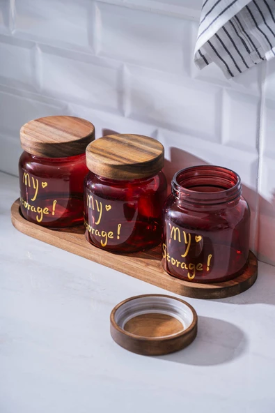 Acar 7937 Pierre 3 Lü Akasya Ahşap Kapak ve Tepsili Kavanoz Seti 12 Cm - Red - 3