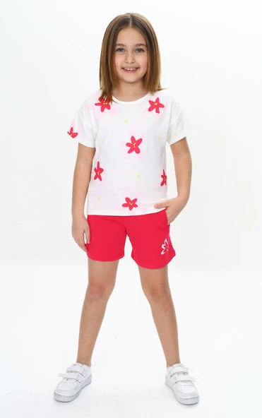 Toontoy Kız Çocuk Garni Çiçek Baskılı Şortlu Takım - 7