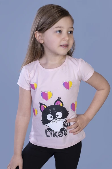 Toontoy Kız Çocuk Likee Kedi Baskılı Tişört - 4