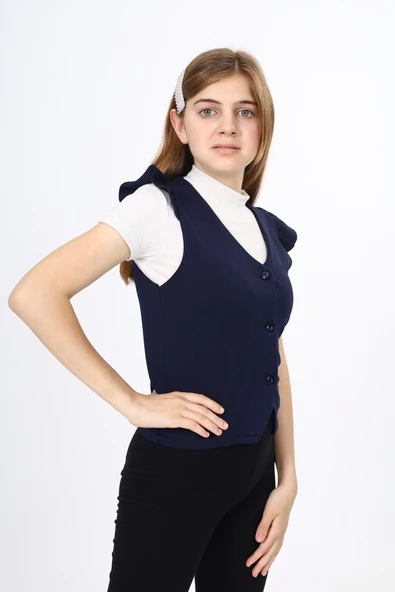 Toontoy Kız Çocuk Fırfır Detaylı Düğmeli V Yaka Blazer Okul Yeleği - Astarsız - 5