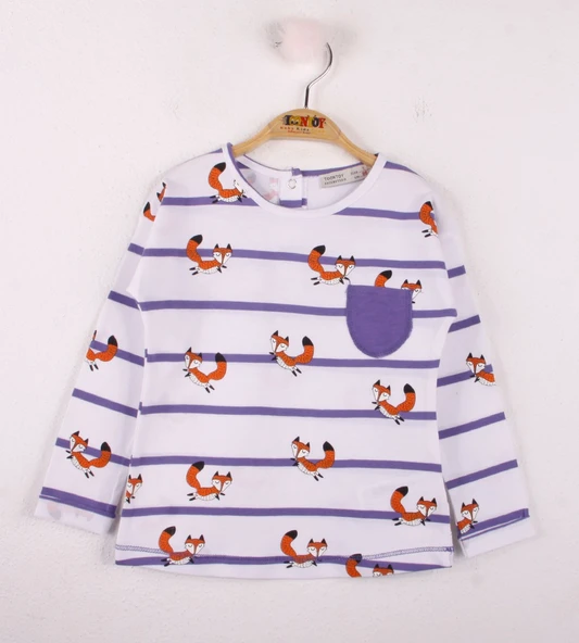 Toontoy Kız Bebek T-Shirt Çizgili Cepli Tilki Baskı - 3