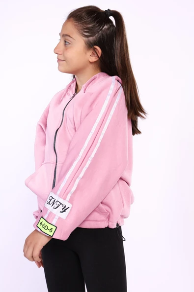 Toontoy Kız Çocuk Kol Üstü Şeritli Armalı Salaş Hırka - Resim 5