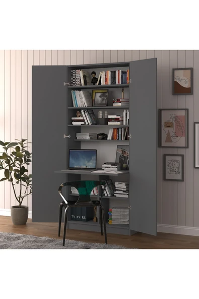 Sonamo Modern Dolaplı Çalışma Masası Kitaplıklı Raflı Bilgisayar Ofis Ders Çalışma Yemek Masası  Antrasit ürün görseli