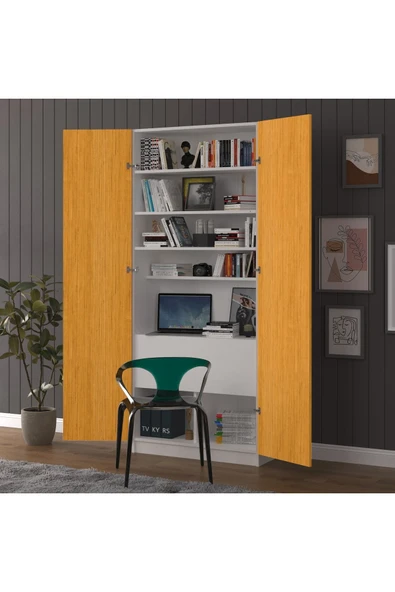 Sonamo Modern Dolaplı Çalışma Masası Kitaplıklı Raflı Bilgisayar Ofis Ders Çalışma Yemek Masası  Afrika Ceviz-Beyaz - Resim 2